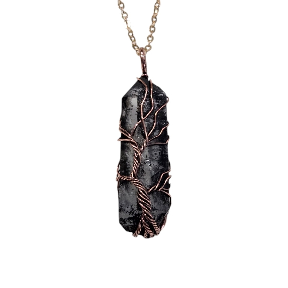 Wire-wrapped Natural Quartz Crystal Tree Of Life Necklace